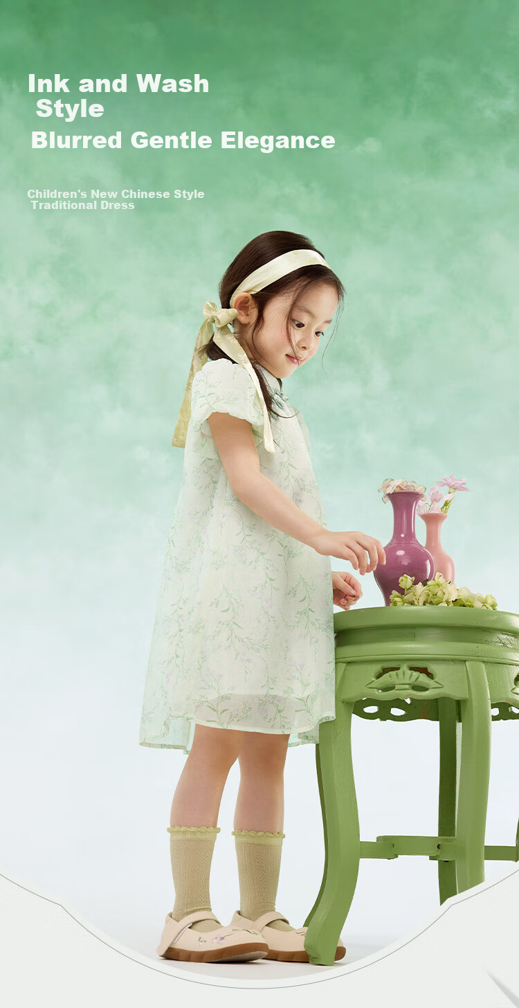 BALABALA Girls' Dress Children's Skirt 2025 Summer Stand Collar National Style New Chinese Dress 208225111035 1