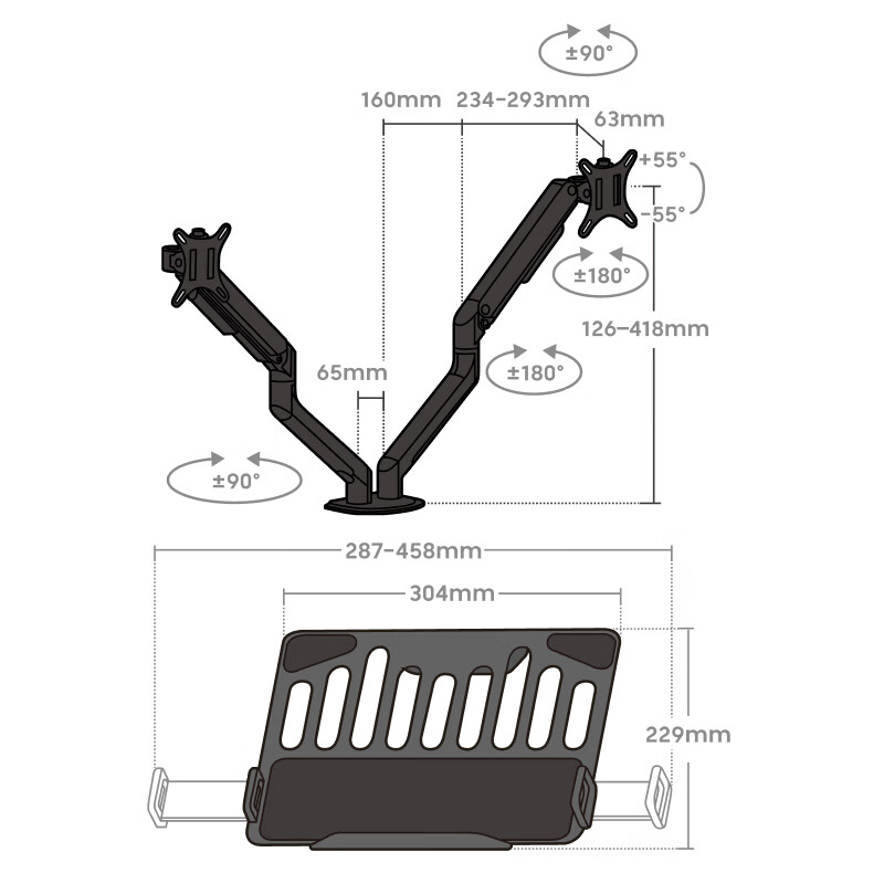 Brateck Beihu Laptop Stand Multi-Screen Expansion Mechanical Arm Dual Screen Gas Spring Mount E350ez-2+APE40 Obsidian Black