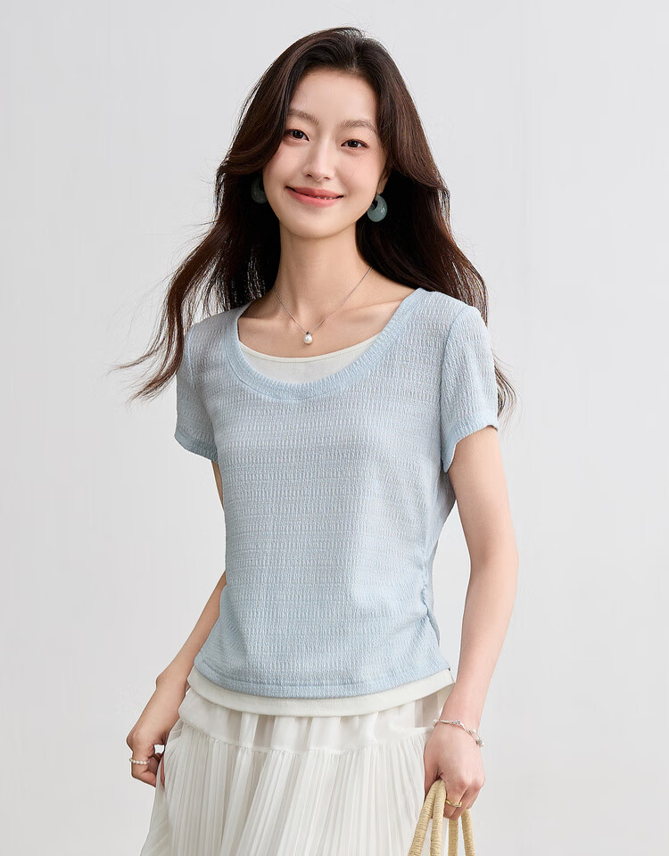 Sentubila Color Block Round Neck Waist Side Pleated Short Sleeve Textured T-Shirt for Women, Summer Commute Fashion Elegant Versatile Top 10