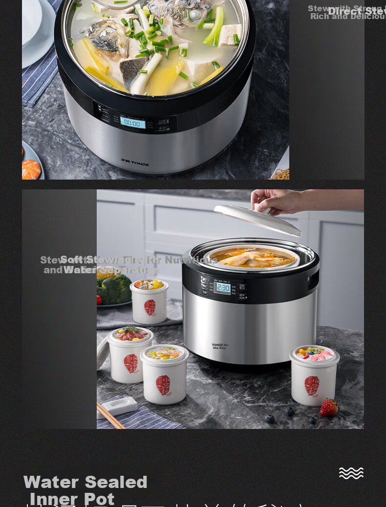 TONZE Electric Stew Pot, Electric Casserole, Electric Clay Pot, Double Boiler, Soup Maker, Porridge Cooker, Bird's Nest Health Pot, Baby Food Cooker, Stainless Steel Multifunctional All-In 35EG 3.5L 7