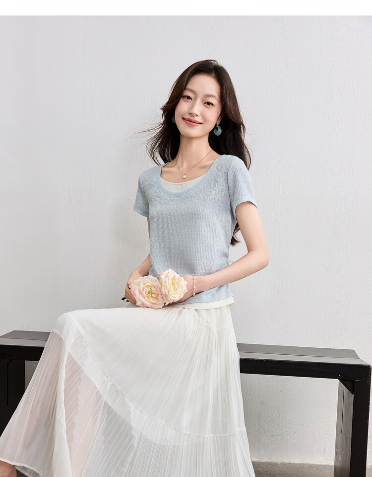 Sentubila Color Block Round Neck Waist Side Pleated Short Sleeve Textured T-Shirt for Women, Summer Commute Fashion Elegant Versatile Top 16