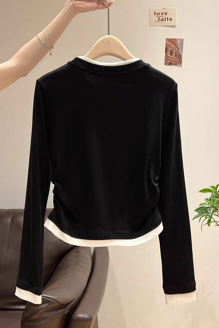 Woodpecker Women's Long Sleeve T-Shirt Round Neck Shoulder Fake Two-Piece Pleated Stretch Slim Waist Base Layer Top Dark Gray 2XL 8
