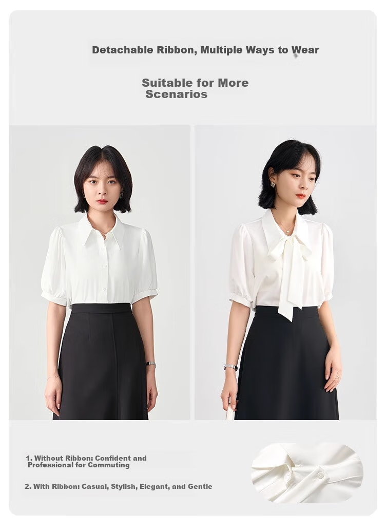 Bodexiaojie Blue Short-Sleeve Shirt for Women, Urban Daily Commute Outfit, Petite Chiffon Blouse, Interview Professional Shirt, Size M 5