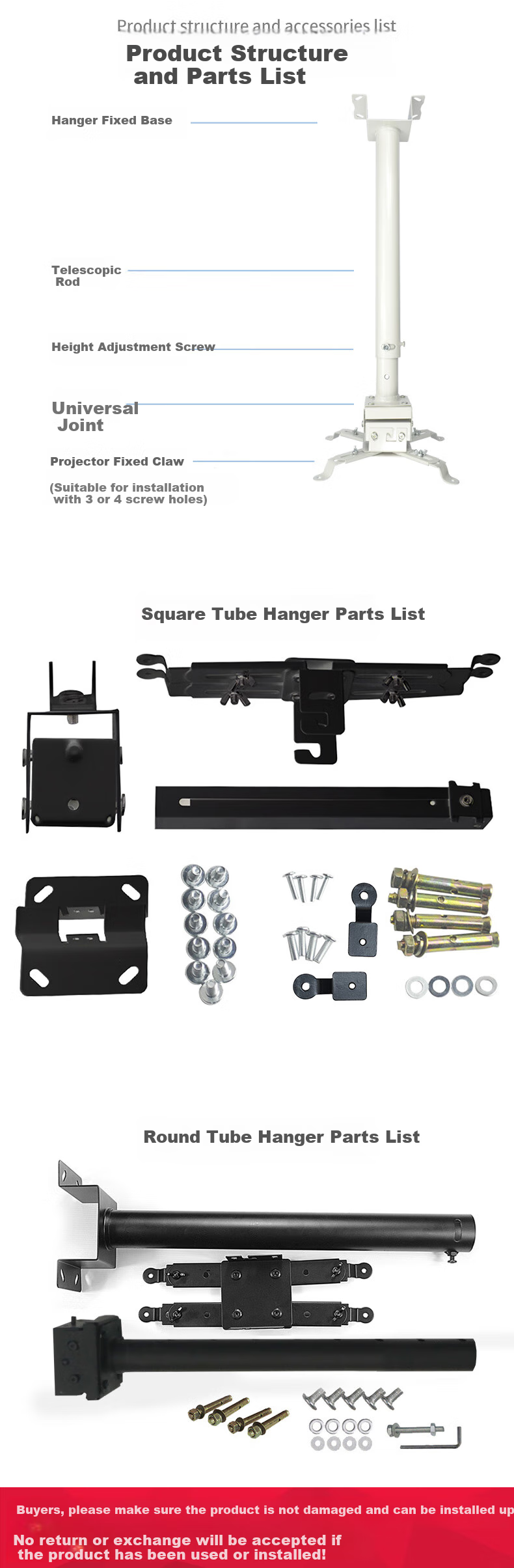 HONGYING Projector Mount Ceiling Hanging Ceiling-Mounted Floor Projector Mount (Suitable for Epson, BenQ, Panasonic) 43-65CM Extendable White 8