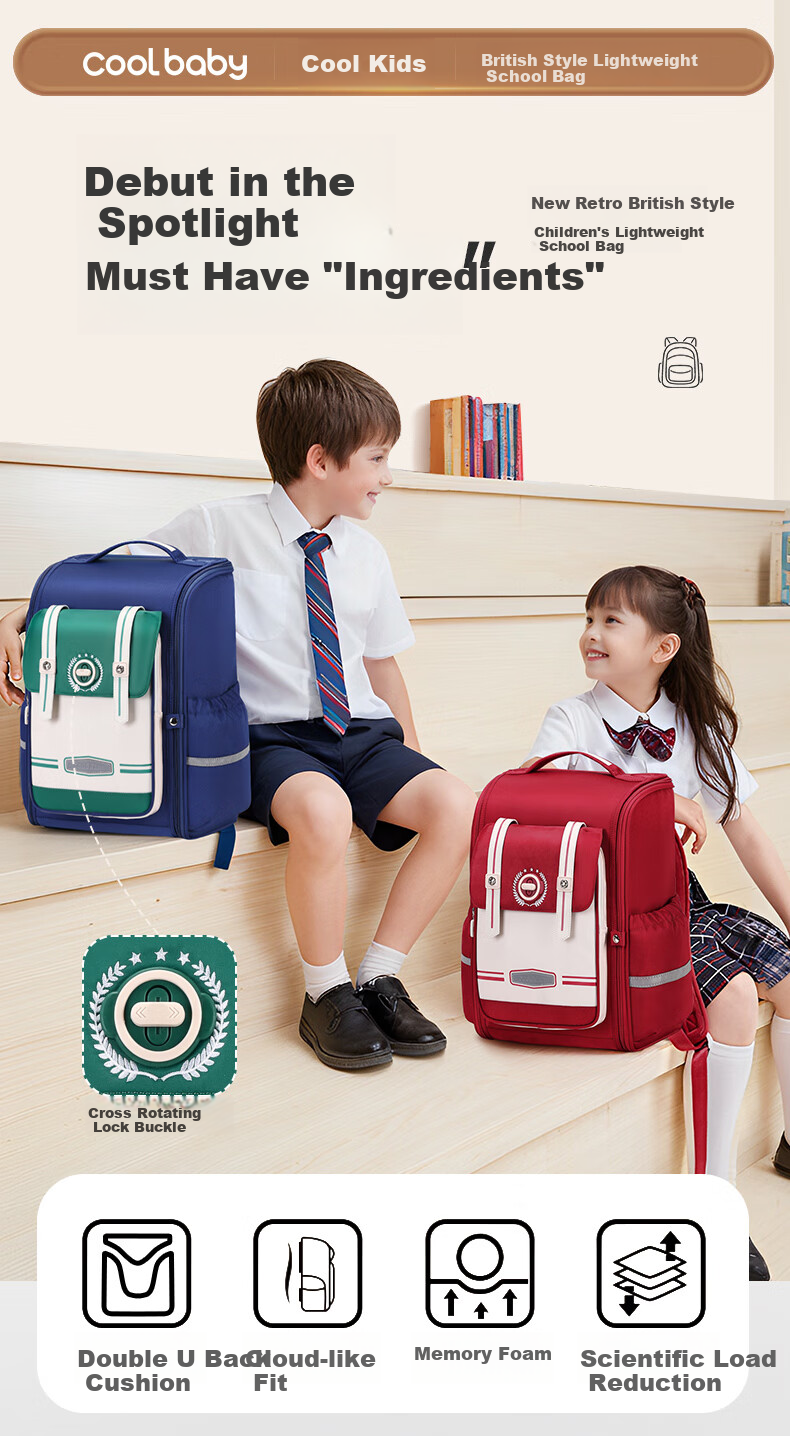 COOLBABY Schoolbag for Primary School Students, Children's Spine-Protecting And Load-Reducing Backpack for Boys And Girls in Grades 1-4 Large Capacity Stylish Double Shoulder Bag 1