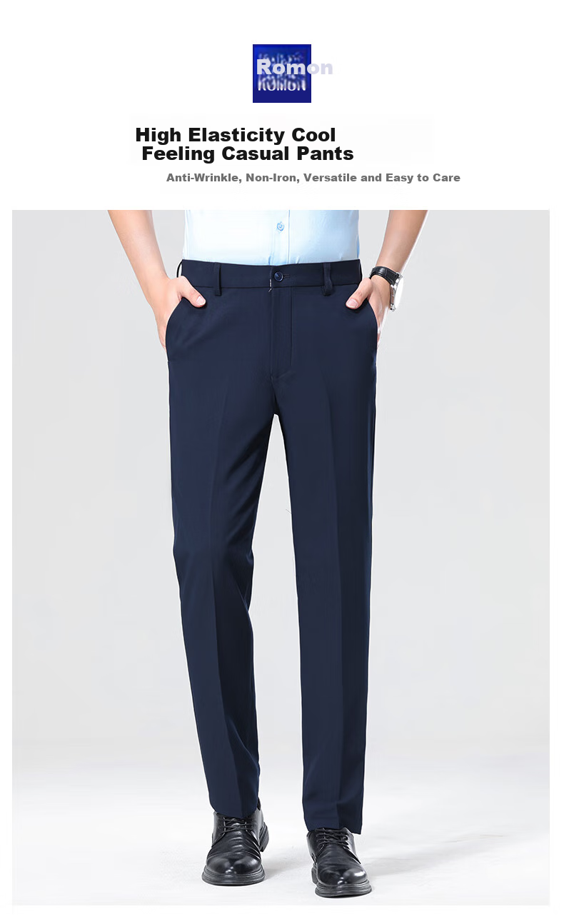 ROMON [Easy-Care] Men's Wrinkle-Resistant Non-Iron Business Suit Pants, Casual Trousers, Dad's Elastic Straight-Leg Pants 1