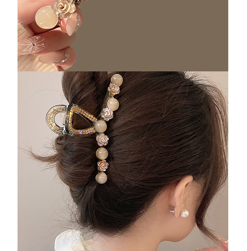 Jianyingshu Sweet Little Chanel Style Camellia Pearl Hair Claw Clip Hairpin High-End Hair Accessory for Women New Model 3