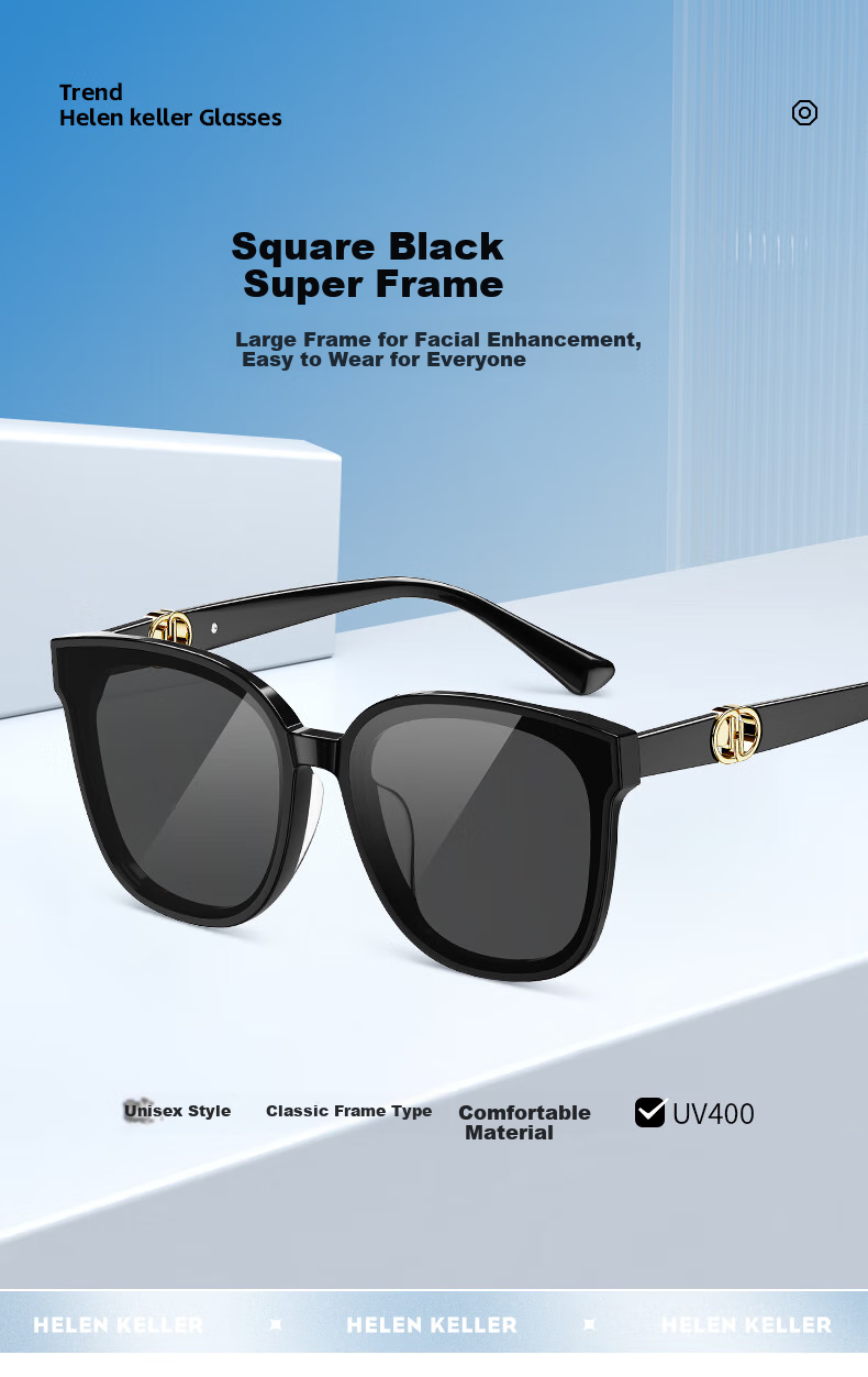 HELEN KELLER Sunglasses for Women And Men, Square Black Ultra-Deep Tinted Polarized Sunglasses, Slimming Effect, UV Protection, H2708H01 1