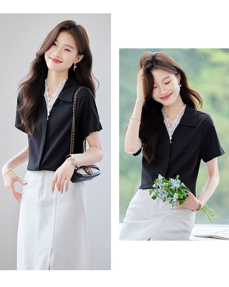 JEANSWEST Women's Summer Short Sleeve Solid Color V-Neck Lace Splice Shoulder Fashion Formal Shirt White L 10