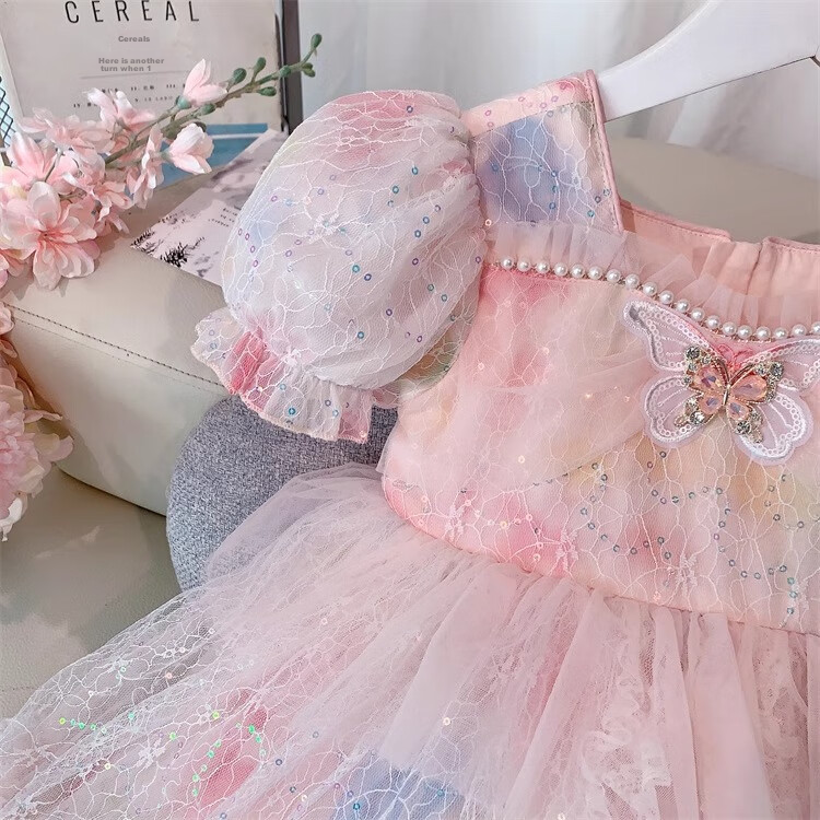 Anneyol Girls' Princess Dress Summer Outfit Stylish Children's Lolita Tulle Dress with Puff Sleeves, Pink, Size 160 7