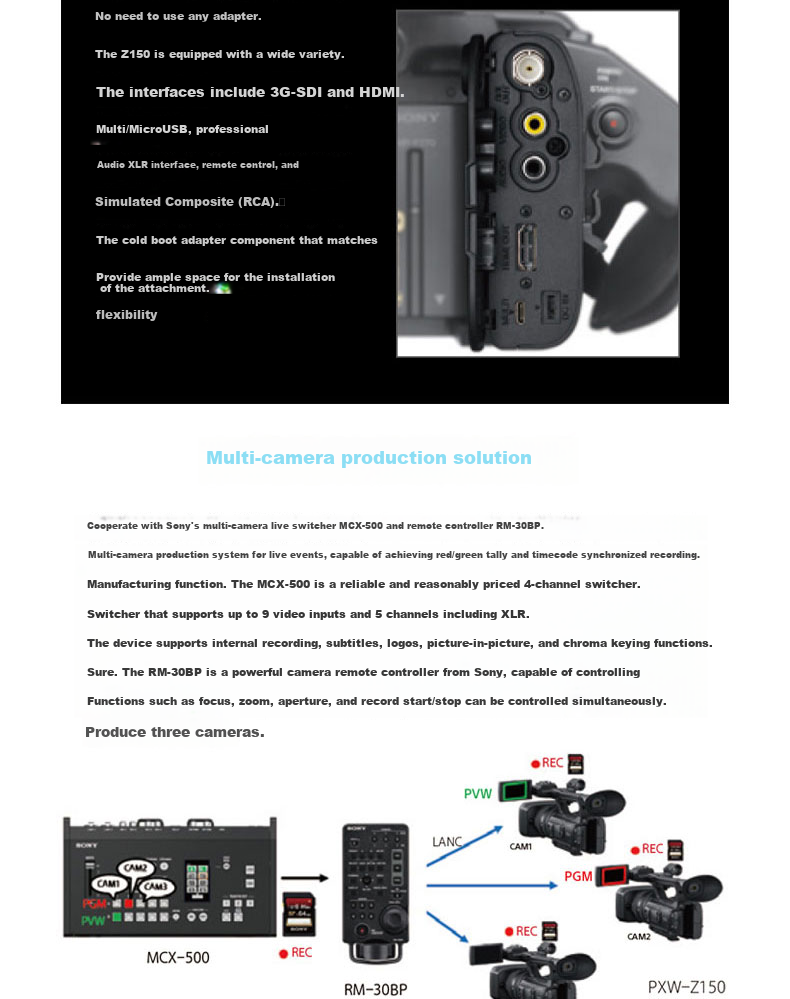 SONY PXW-Z150, 1-Inch 4K Handheld Broadcast-Grade Camcorder, 20 Megapixels, WIFI NFC, Infrared Night Vision, HD 120FPS, SDI+HDMI 5