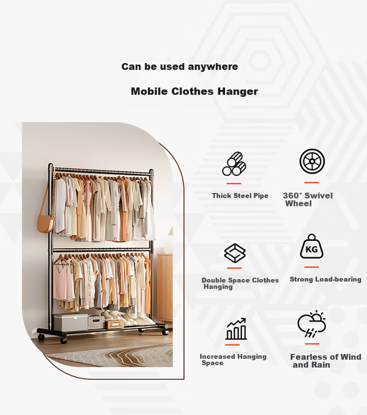 Yicainianhua Clothes Drying Rack, Floor-Standing Simple Coat And Hat Stand, Bedroom Hanger, Multifunctional Double-Layer Garment Hanger, Mobile Drying Rack, 2525 7