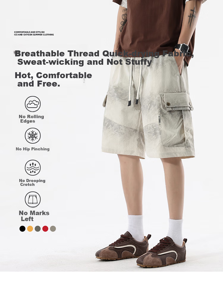 CLOR American-Style Casual Cargo Shorts, Summer Loose-Fit Five-Point Pants, Tie-Dye Sports Ice Silk Pants, MLS02, Dull Gray, Size L 1