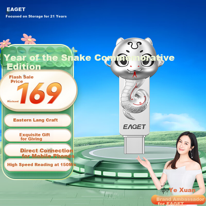 EAGET 256GB USB3.2 Flash Drive, Waterproof, High-Speed, Large Capacity, HT18 Zodiac Snake Design, Metal Shockproof, Gift, Cute Creative, Compact Mini Office Use