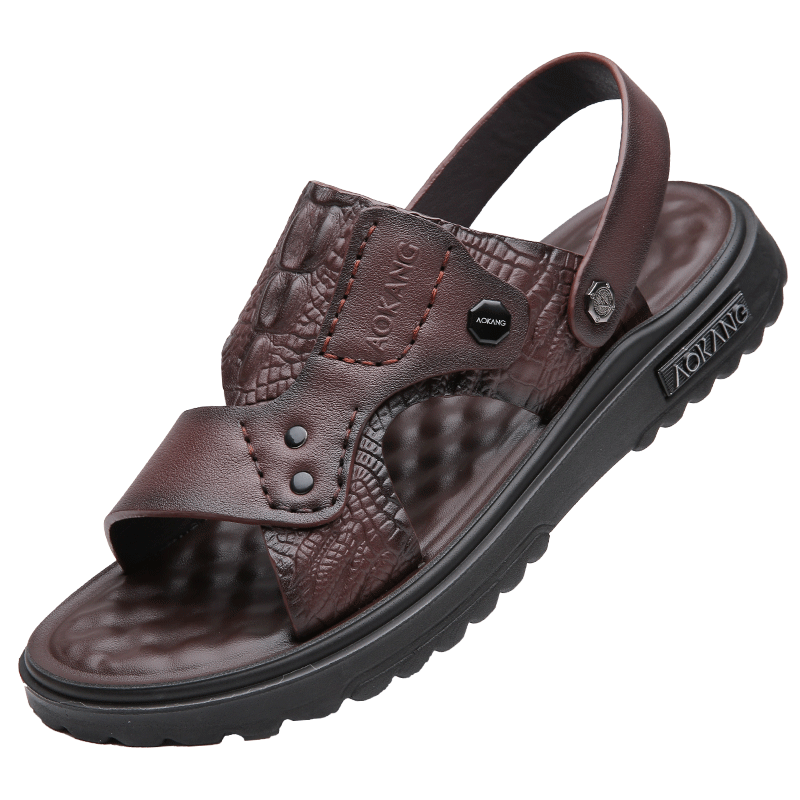 Aokang Men's Leather Beach Sandals, Casual Leather Slippers, Middle-Aged And Elderly Dad Shoes, Two-Way Wear, Large Size Slippers, Brown, Size 38