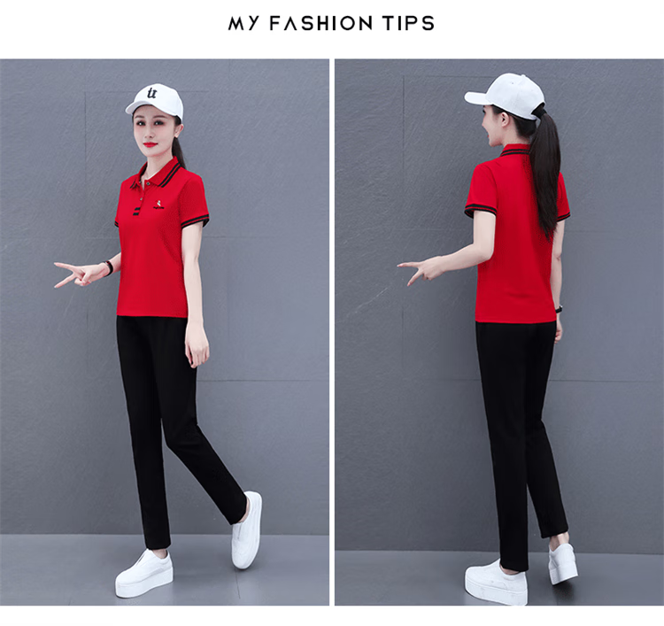 Woodpecker Pure Cotton Casual Sports Polo Set for Women Summer Fashion Youthful Middle-aged Mom Two-piece Set Royal Blue L 17