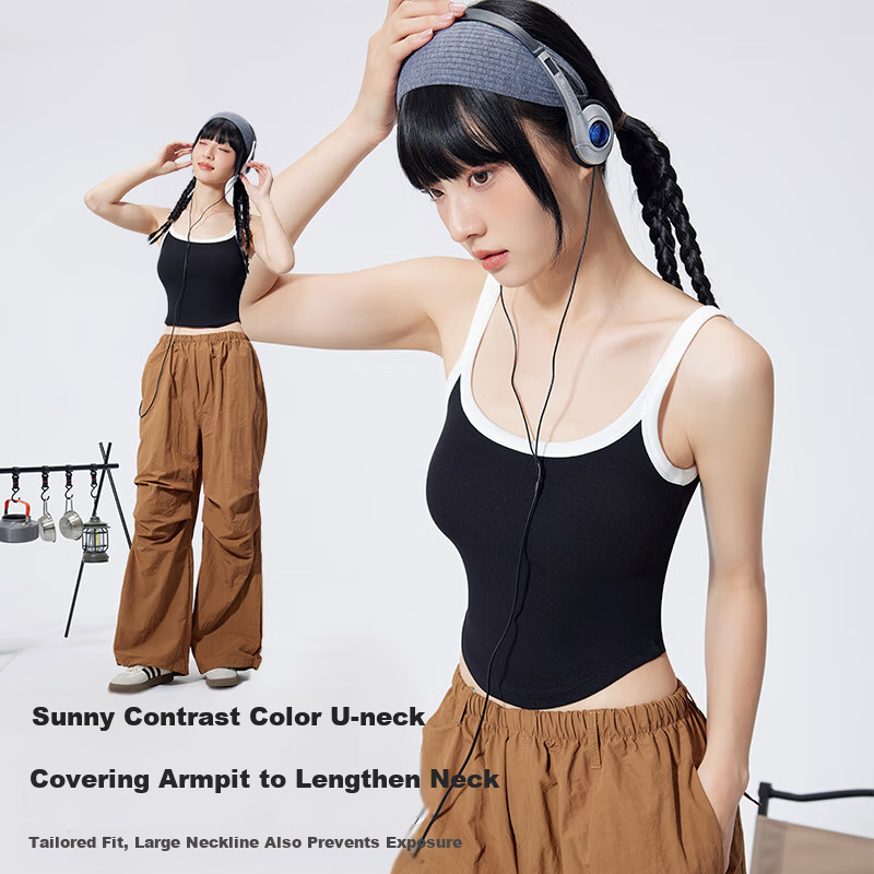 Ordifen Women's Camisole Tank Top with Contrasting Color Lining, One-Piece U-Neck Undershirt, Inner Wear Or Outerwear, Sporty Style