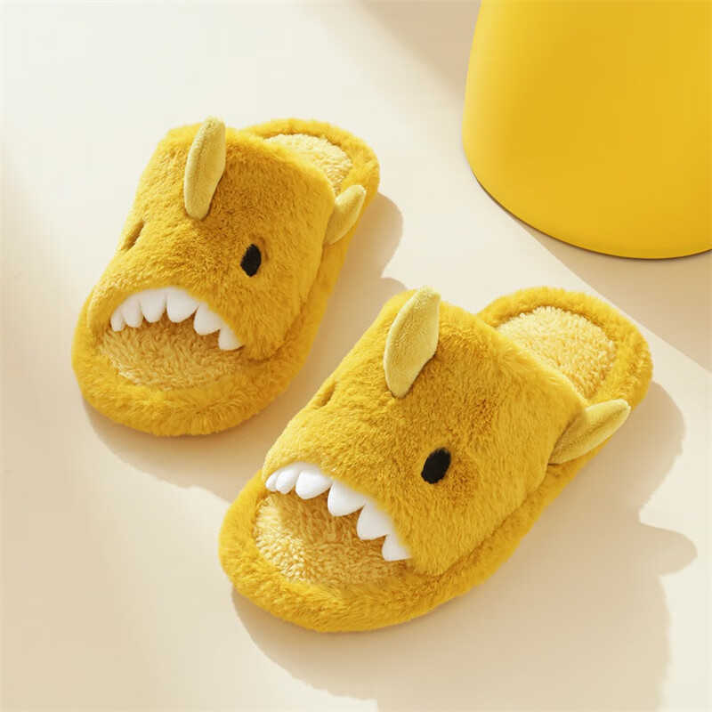 Bambi Children's Slippers Autumn Winter Indoor Home Warm Non-slip Boys Large Kids Plush Cotton Shoes Dark Yellow Size 37-38