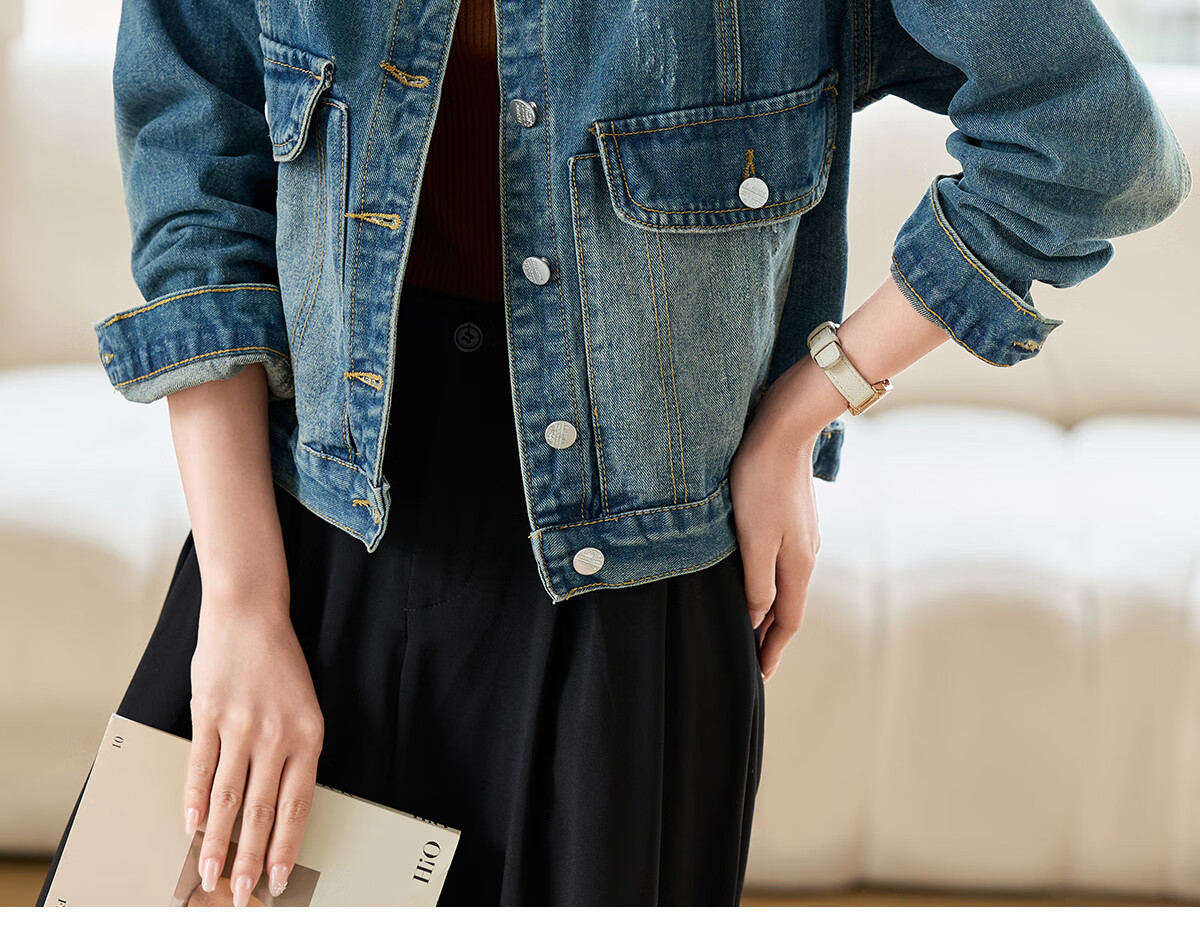 Pincai Women's Denim Jacket Trendy Retro Double Pocket Design Casual Versatile Top P53D006 22