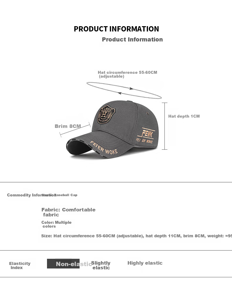 Jiancai Large Brim Hat for Men, Trendy Baseball Cap with Embroidery, Korean-Style Curved Brim, Face-Slimming Duck Tongue Cap for Couples, Unisex Hat 7