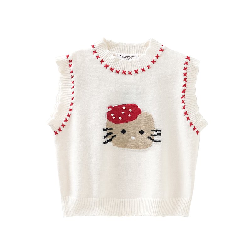 MOMOCO Girls' Vest Autumn Winter Inner Layer Sweet Stylish Cartoon Knit Vest Jacket White Apricot 90
