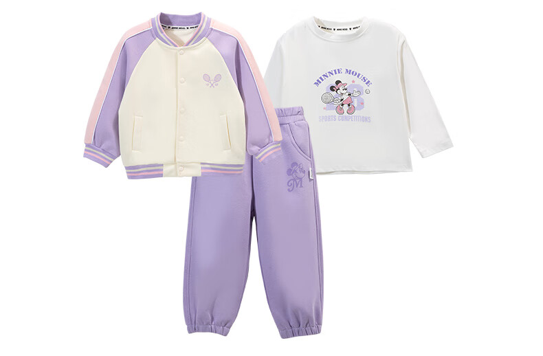 Disney Academy Style Spring and Autumn Girls' Fashion Casual Comfortable Warm Baseball Jacket Sweatshirt 3-Piece Set Candy Purple 130 4