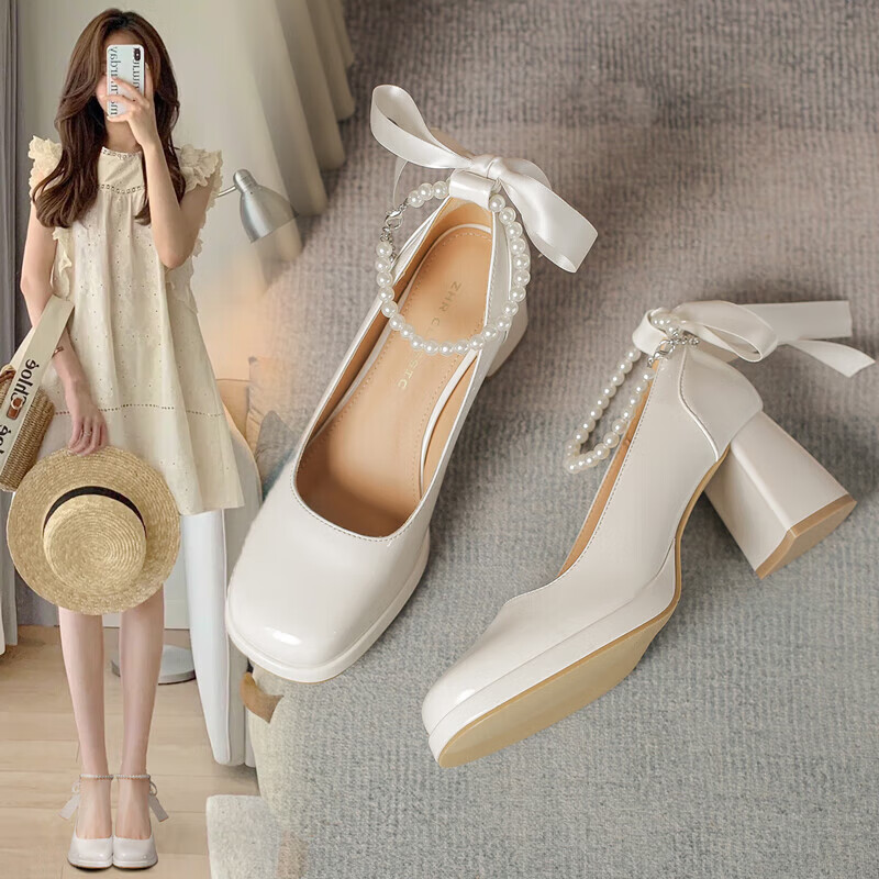 ZHR Women's Single Shoes, Summer Elegant Heightening Mary Jane Shoes, Pearl Comfortable Women's Shoes, EH69, Beige, Size 34