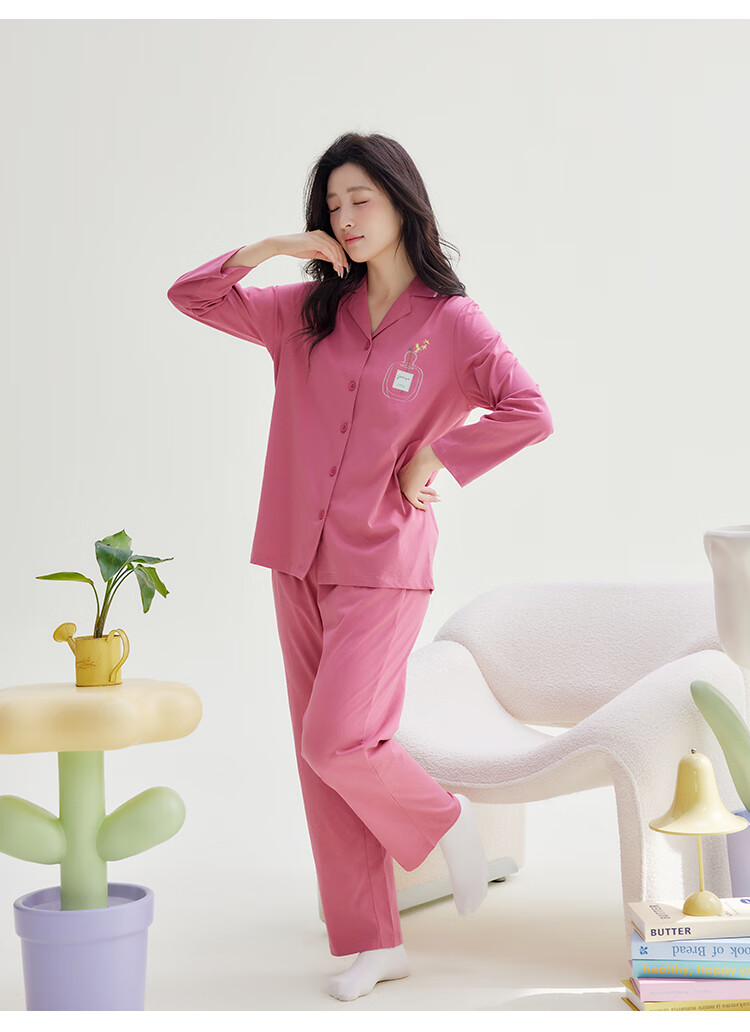 Hodo Home Women's Double-Sided Combed Cotton and Spandex Antibacterial Mite-Resistant Pajamas Flamingo Pink L 17