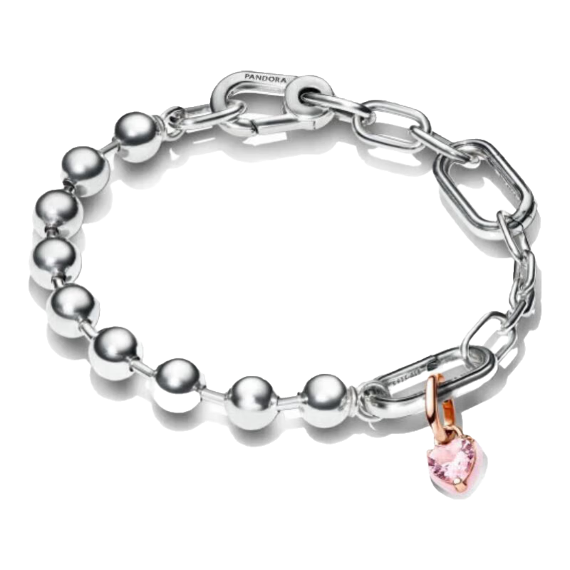 Pandora ME Series Heart-Shaped Bracelet Set, Pink Heart-Shaped Personalized Silver Beaded Chain, Birthday Gift for Girlfriend