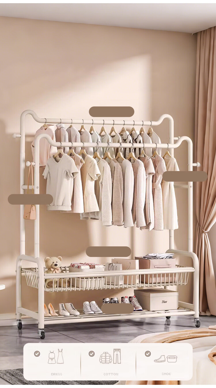 Yupin Floor-Standing Coat Rack, Movable Clothes Hanger Stand YJ138, Double-Layer Milk White, 100cm 3