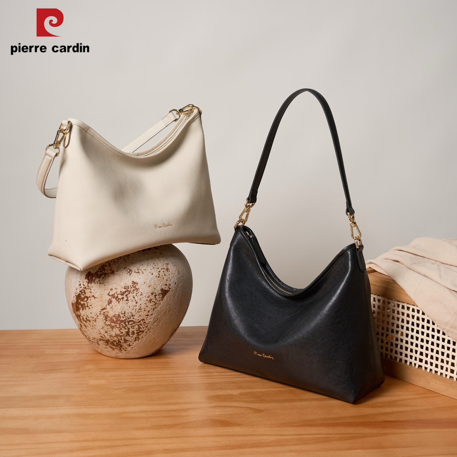 Pierre Cardin Hobo Handbag, Top-Grain Leather, Shoulder Crossbody Women's Bag, Gift for Girlfriend on May 20th, Black, with Free Gift Box