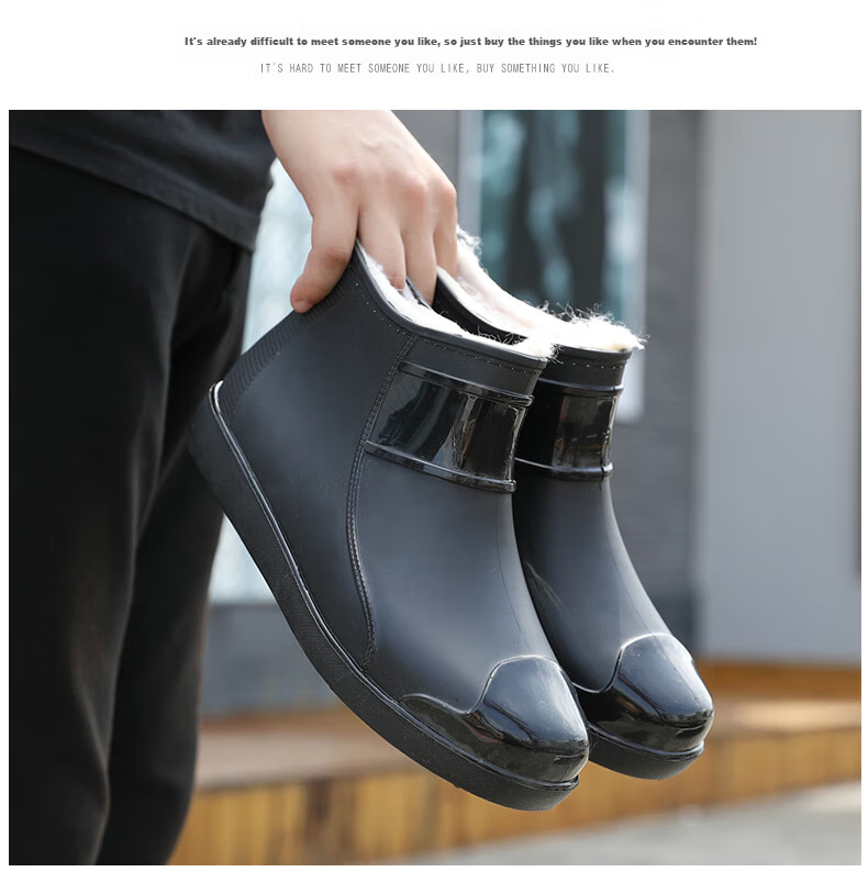 FOOTOPPO Fashionable Short Warm Rain Boots for Men, Winter Fleece-Lined Rain Boots, Men's Rain-Proof Overshoes, Thickened Non-Slip Water Shoes, Waterproof Shoes 9