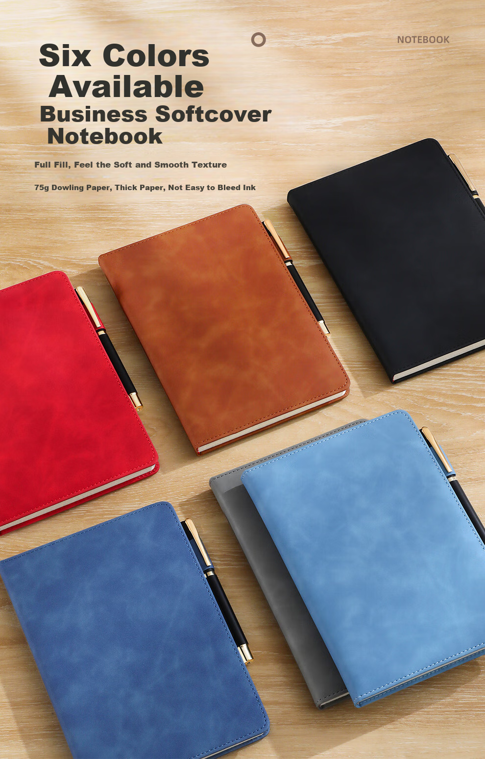 Jiaranheng Notebook B5 Thick Journal, Business Skin-Feel Leather Cover Notebook, Work Diary, Meeting Record Book, Office Stationery, Customizable, Gray 5