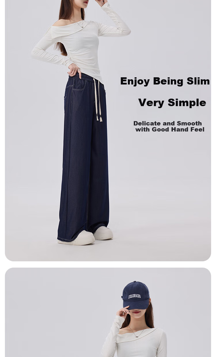BOPRUIEY Faux Denim Straight-Leg Pants for Women, Lightweight And Flowy for Spring And Summer, High-Waisted Casual Pants with Elastic Waist, Slim-Fit Wide-Leg Trousers 6