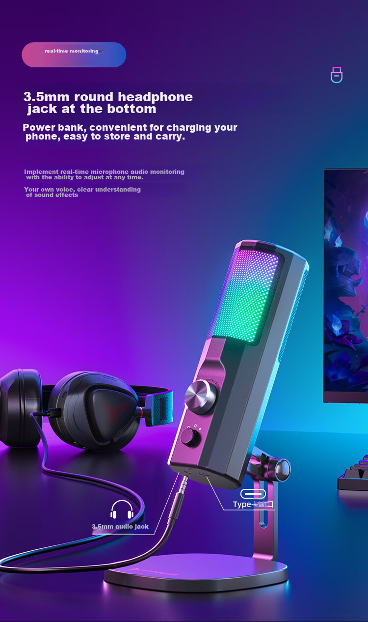 Taidu TSP201 Xingchuan F1 Computer Microphone, Desktop Microphone, USB Port, RGB Lighting Effects, Black 6