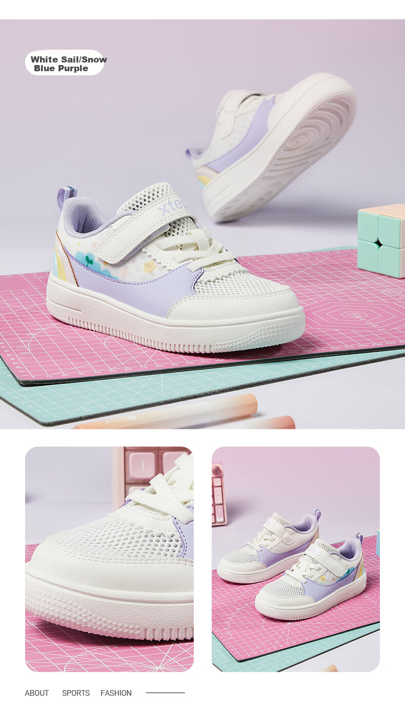 XTEP Children's Shoes, Girls' Toddler Floral Decorative Lightweight Velcro Sneakers, Sail White/snow Purple, Size 33 3