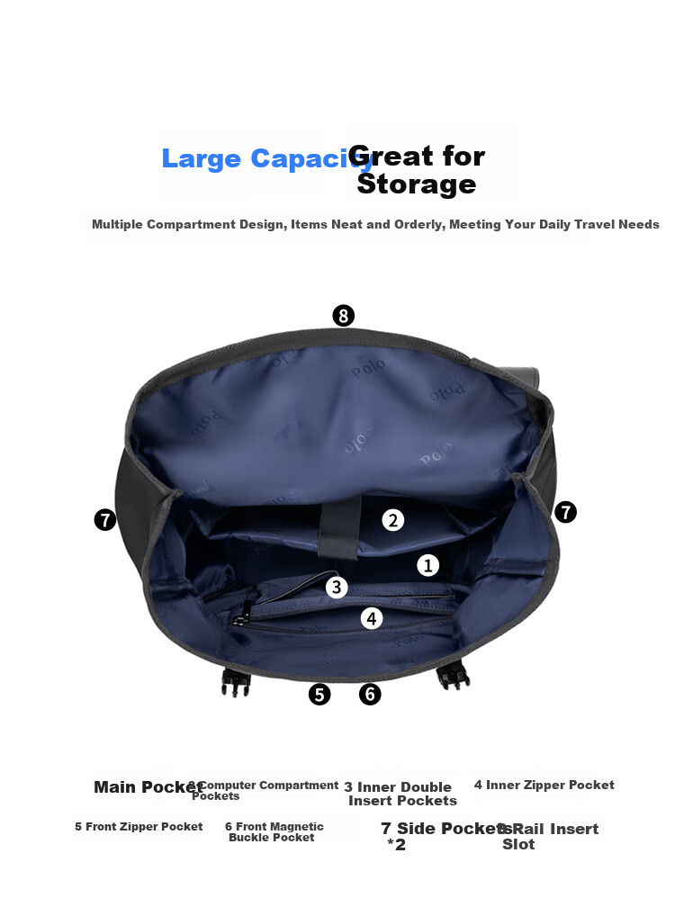 POLO Backpack for Men, Lightweight Travel Bag with Flip Cover, 16/17.3-Inch Laptop Bag, Business Trip Bag 9