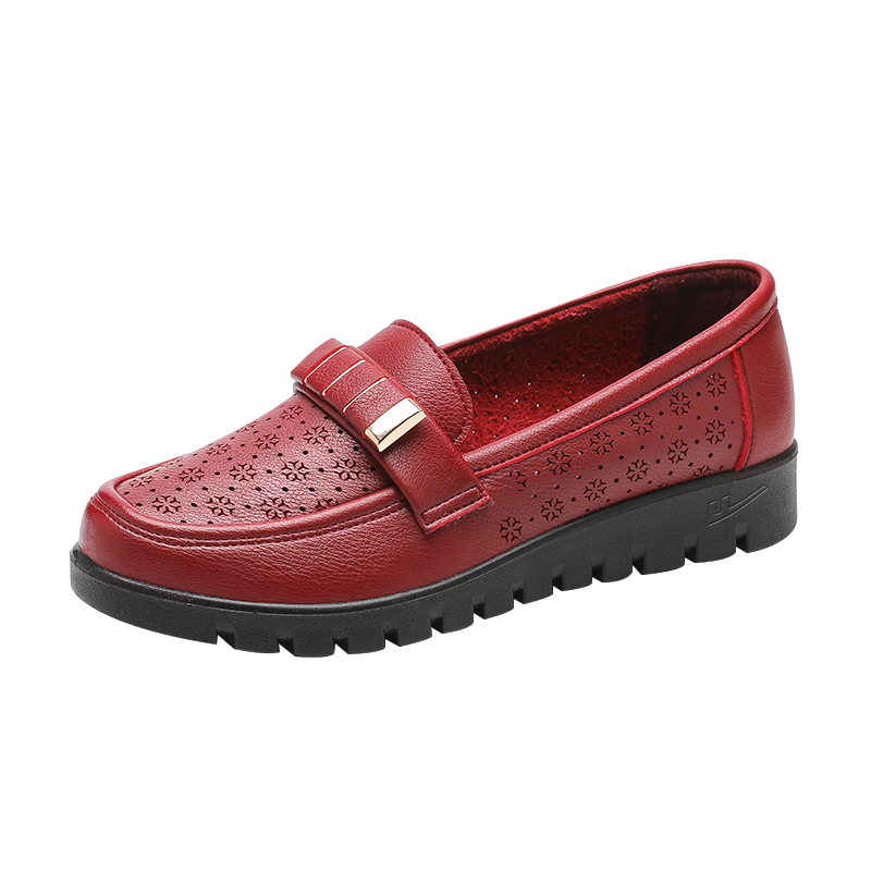 Huili Mom Shoes, Middle-Aged Sandals, Summer Soft-Soled, for Middle-Aged And Elderly Women, Leather Shoes, Single Shoes, Non-Slip, for Ages 50-60, 0062 Red, Size 39