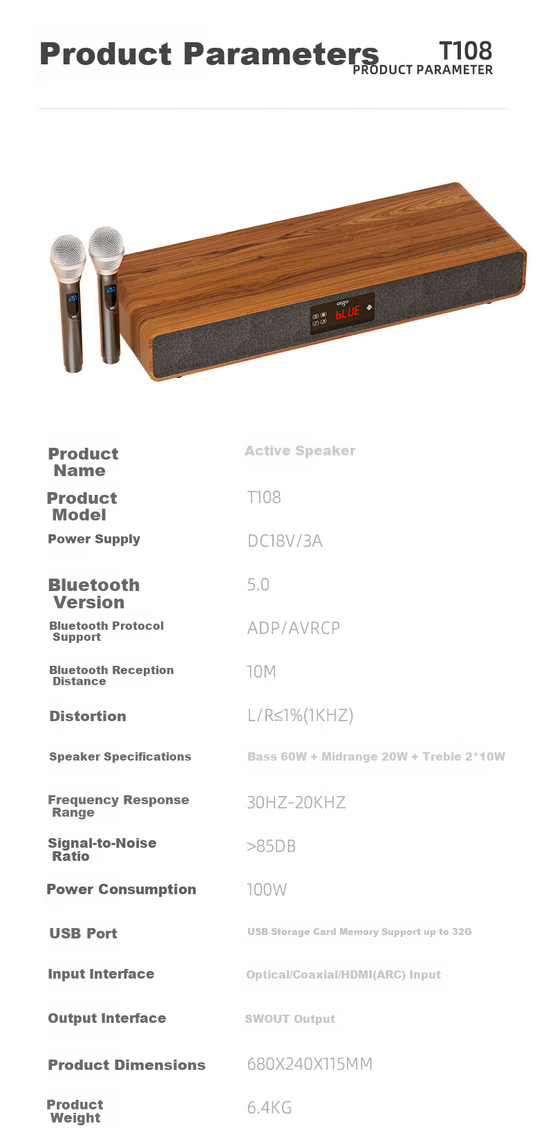 Aiguozhe T108 Bluetooth Speaker, Soundbar TV Speaker, Wireless Home KTV Theater Karaoke Speaker Set, All-In Machine with Dual Microphones, Wood Grain Color 13