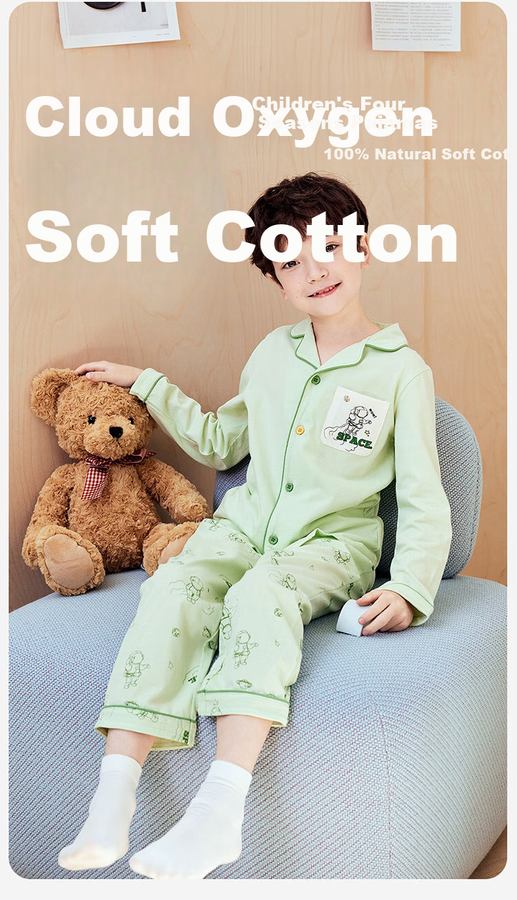 Dingguagua Children's Pajama Set, Spring And Summer Long-Sleeve Pure Cotton Boys' Loungewear, Class A Breathable, Green All-Over Print, Size 120 2