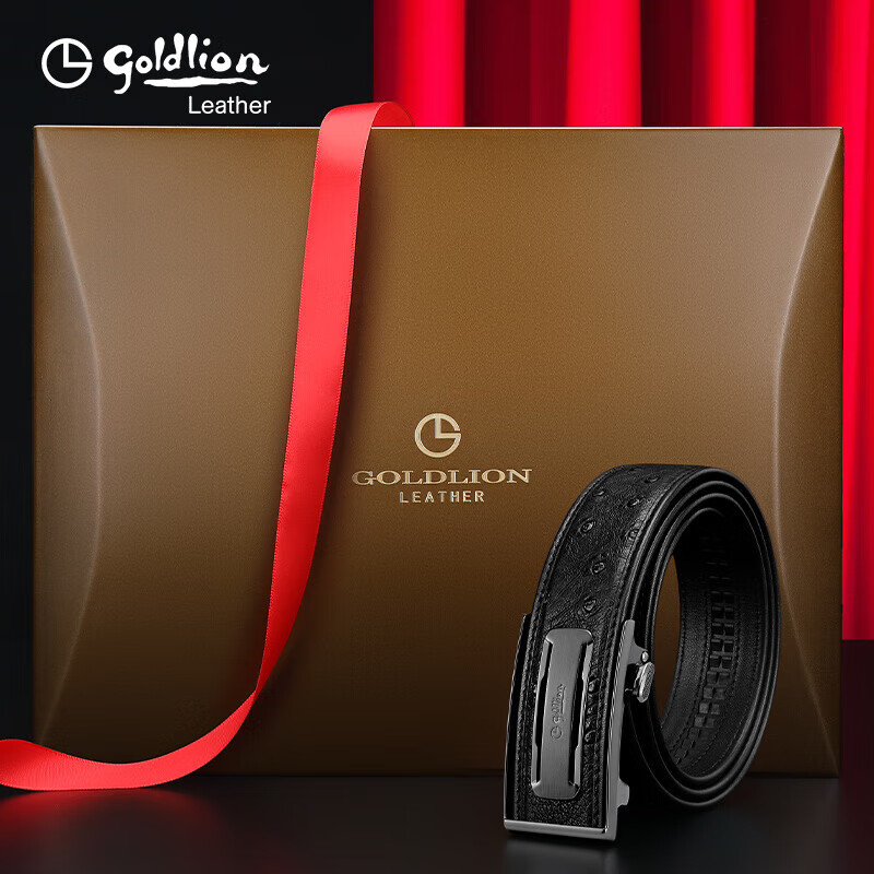 Goldlion Men's Leather Belt with Automatic Buckle, High-End Wooden Gift Box, Ostrich Leather Inner Buckle Trouser Belt, Birthday Gift for Gifting