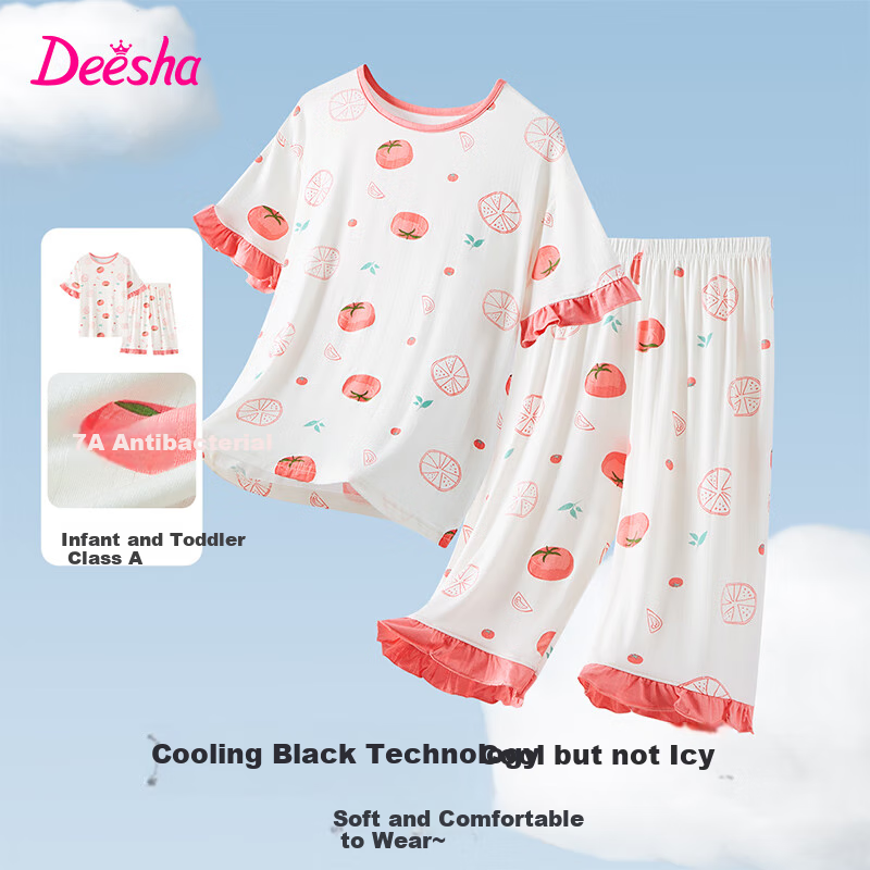 DEESHA [7A Antibacterial Comfort] Children's Pajama Set Air Conditioning Wear Spring Summer Girls' Cool Short-Sleeve Loungewear for Older Childre