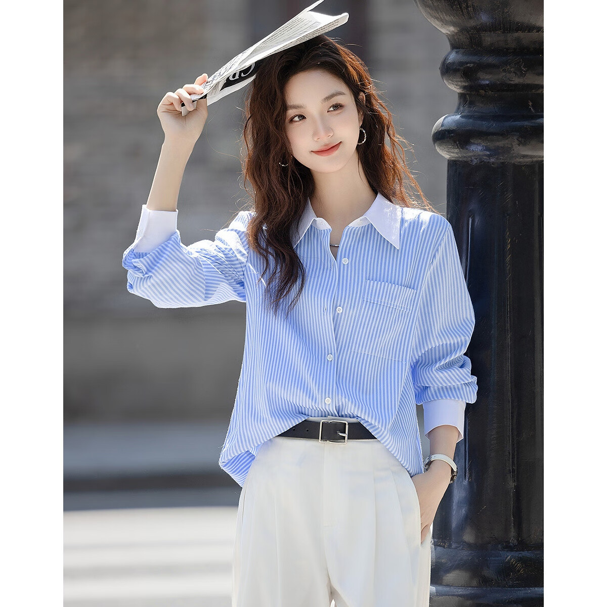 Demana [Salt Style Intellectual] Spring Autumn Smart Striped Color-Block Lapel Long Sleeve Shirt Slimming Women's Top