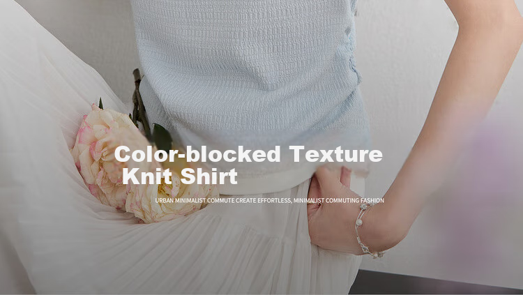 Sentubila Color Block Round Neck Waist Side Pleated Short Sleeve Textured T-Shirt for Women, Summer Commute Fashion Elegant Versatile Top 1