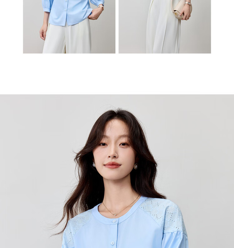 Shangdu Bira Lenzing Tencel Three-Quarter Sleeve Casual Shirt Women Autumn Lantern Sleeve Patchwork Hollow Embroidery Elegant Blouse 24