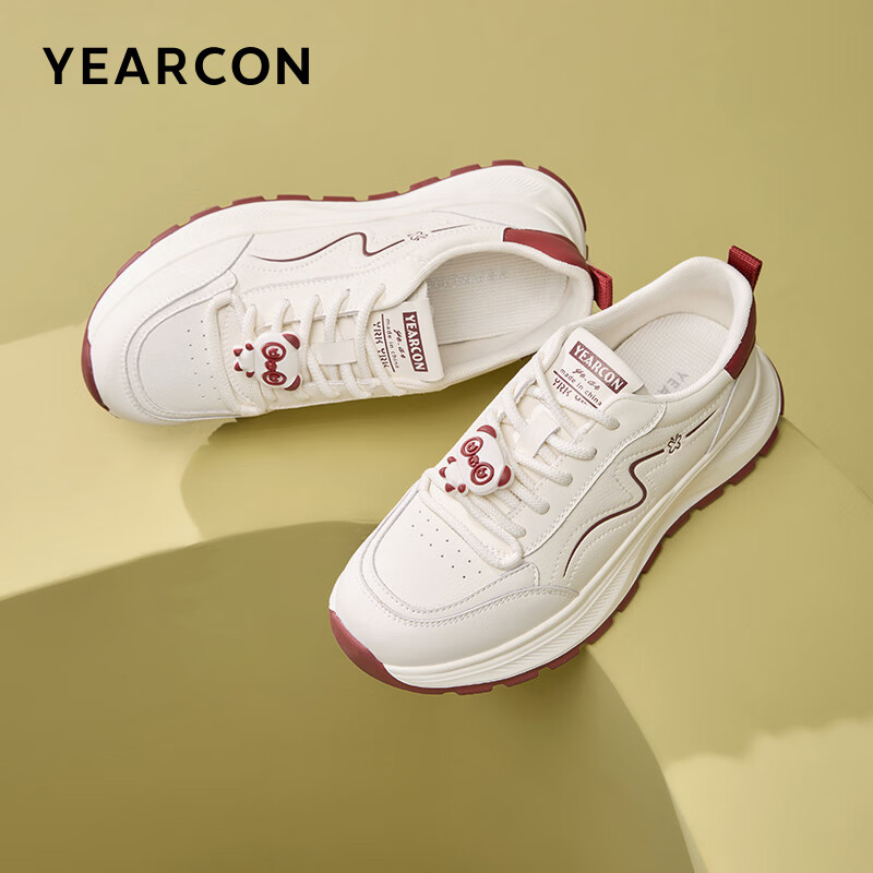 Yierkang Women's Shoes, Round Toe, Thick Sole, Height-Increasing White Sneakers, Comfortable Casual Flats, 13402W, Beige/red, Size 35