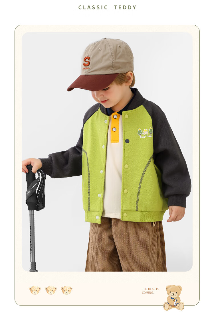 Classic Teddy Kids Jacket Boys and Girls Baseball Coat Mid-Child Spring Cartoon College Outerwear Green 130 2