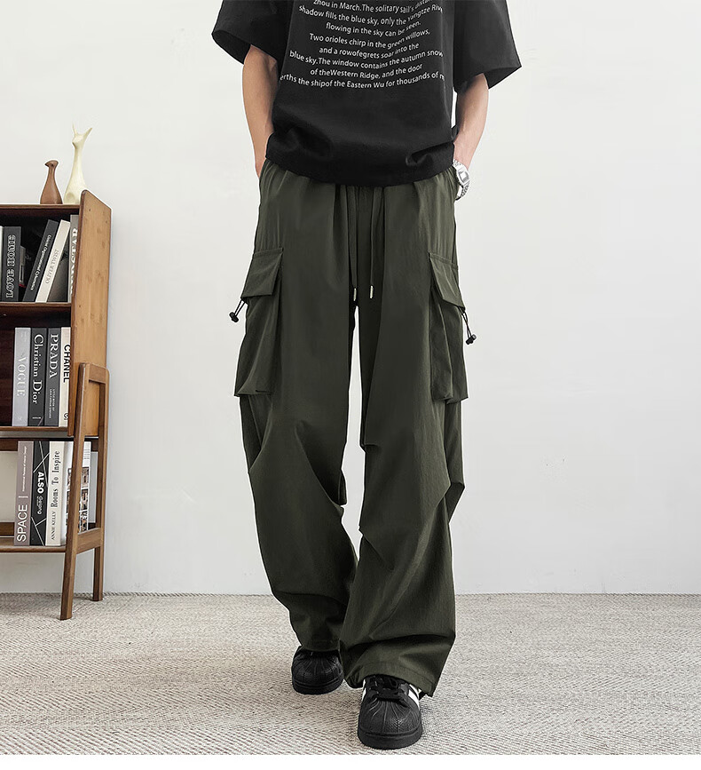 Homlean American-Style Wide-Leg Cargo Pants for Men, Summer Straight Loose Paratrooper Functional Tactical Casual Trousers KMX06 Black L 14