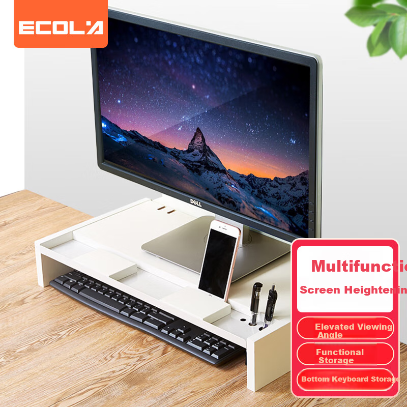 ECOLA Computer Monitor Riser Stand, Desktop Screen Double-Layer Bracket, Office Desk Organizer Shelf, Storage Rack, VT01WT, White