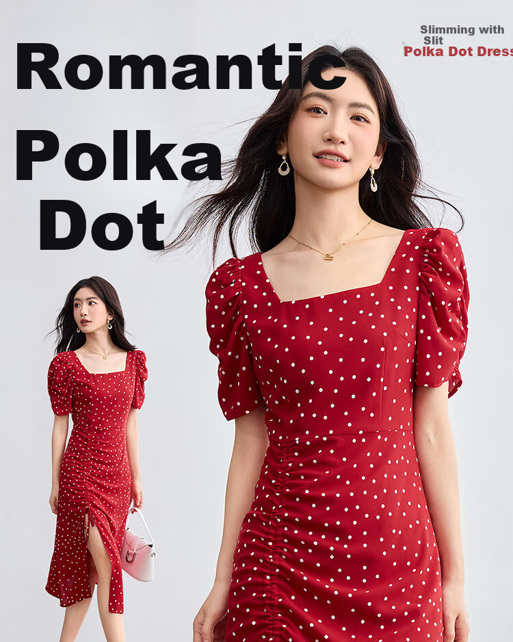 Sentubila French-Style Dress for Women, Summer Square Neckline, Ruched Sleeves, Vintage Polka Dot, Pleated Slit A-Line Skirt 1